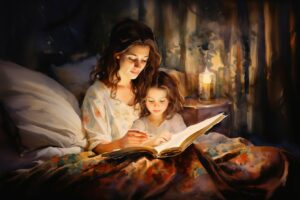Eine Mutter liest Tochter eine Buch vor