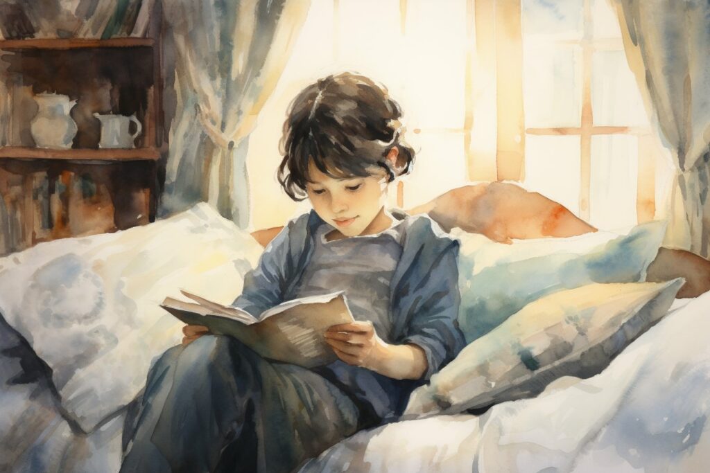Ein Kind liest ein Buch im Bett